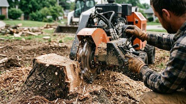 Stump grinder removing a tree stump during land clearing work, eliminating root hazards and fire fuel on a Yakima property.